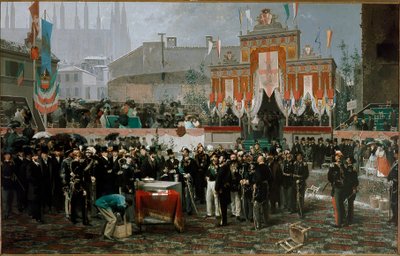 Ceremonia wmurowania kamienia węgielnego pod galerię Vittorio Emanuele II 7 marca 1865 r. (olej na drewnie autorstwa Domenico Induno