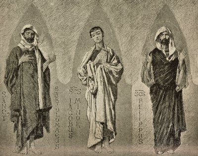 Święci Bartłomiej, Jakub Mniejszy i Filip, karykatury Domenico Morelli do mozaiki w katedrze w Amalfi we Włoszech, rysunek P. Scoppetta, rycina z L