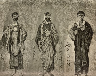Święci Tomasz, Mateusz i Szymon, karykatury Domenico Morelli do mozaiki w katedrze w Amalfi, Włochy, rysunek P. Scoppetta, rycina z L