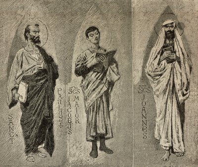 Sints Paul, James the Great and John, karykatury Domenico Morelli do mozaiki katedry w Amalfi, Włochy, rysunek P Scoppetta, rycina z L