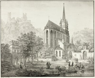 Kolegiata Najświętszej Marii Panny z zamkiem Schoenberg w Oberwesel nad Renem autorstwa Domenico Quaglio