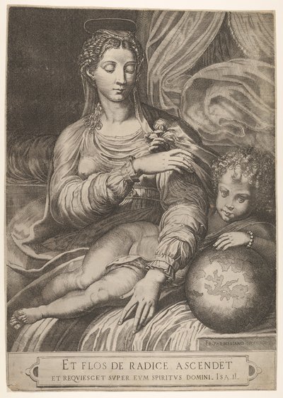 Madonna Różana sięga po różę trzymaną przez Dzieciątko Jezus, które opiera swoją lewą..., 1560-75. autorstwa Domenico Tibaldi