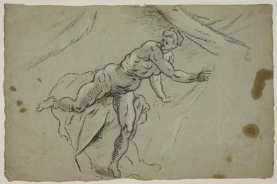 Naga kobieta z kawałkiem materiału w dłoniach pospiesznie opuszczająca namiot autorstwa Domenico Tintoretto