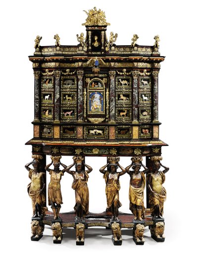 Szafka na stojaku Ludwika XIV (pozłacany brąz, pietra dura, szylkret, jesion, ebonized i paczkowo pozłacany) (patrz również 1766356-7) autorstwa Domenico and Gobelins workshop (attr. to) Cucci