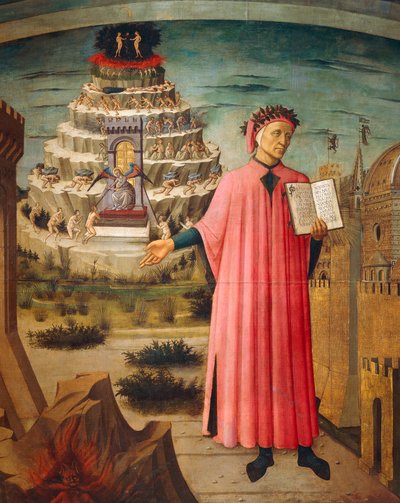 Dante Alighieri z Boską Komedią w ręku i górami czyśćca w tle, fragment Boskiej Komedii, autorstwa Dante Alighieri (1265-1321), Domenico di Michelino (1417-1491), fresk, Bazylika Matki Boskiej Kwiatowej we Florencji. Włochy,1465 autorstwa Domenico di Michelino