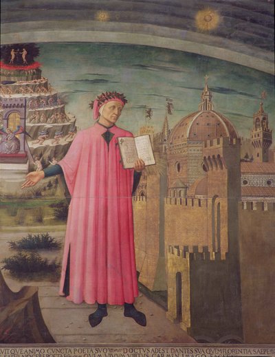 Dante czyta temperę Boskiej Komedii na panelu z 42355 autorstwa Domenico di Michelino