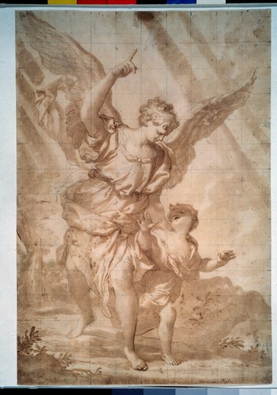 ""Anioł Stróż"" (Anioł Stróż) Rysunek piórkiem Domenico Piola (1627-1703) Muzeum Puszkina, Moskwa autorstwa Domenico the Elder Piola