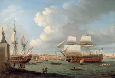 Foudroyant i Pégase wpływające do portu Portsmouth, 1782 r. autorstwa Dominic Serres