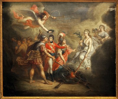 Spokój Amiens. Traite podpisany 25 marca 1802 r. między Wielką Brytanią i jej sojusznikami, Imperium Osmańskim z jednej strony a Francją, Hiszpanią i Holandią z drugiej. Obraz przedstawia Napoleona I Bonaparte, ukoronowanego przez anioła grającego na trąbc autorstwa Dominique Doncre