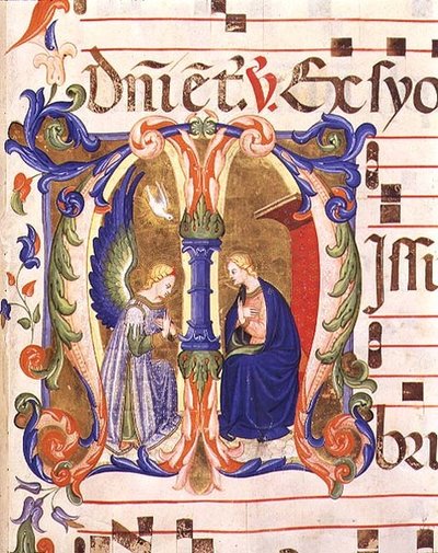 Ms 572 f.147r Historyczny inicjał „M” przedstawiający Zwiastowanie z antyfony z Santa Maria del Carmine we Florencji (welum) autorstwa Don Simone and school Camaldolese