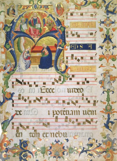 Frontyspis księgi chóralnej z klasztoru Montoliveto, ok. 1390 (gwasz atramentowy i złoto na pergaminie) autorstwa Don Simone Camaldolese
