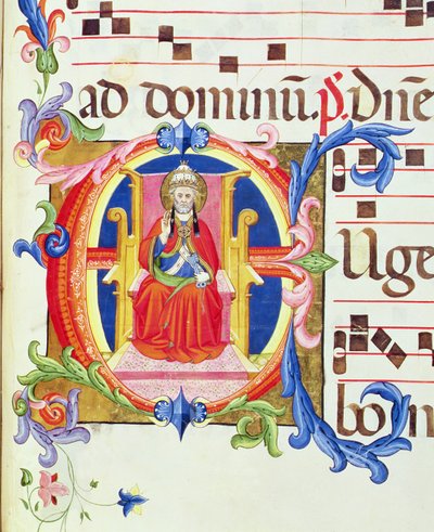 Ms 572 f.125r Historyczny inicjał „E” przedstawiający św. Piotra jako pierwszego biskupa Rzymu z antyfony z Santa Maria del Carmine autorstwa Don Simone Camaldolese
