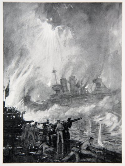 Walcz z ostatnią bronią: waleczny koniec H.M.S. Tiperrary w Jutlandii, ilustracja z „Frontu marynarki wojennej” Gordona S. Maxwella, 1920 autorstwa Donald Maxwell
