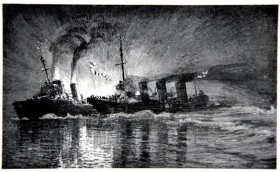 HMS Broke taranujący niemiecki niszczyciel, ilustracja z „Frontu morskiego” Gordona S. Maxwella, 1920 autorstwa Donald Maxwell