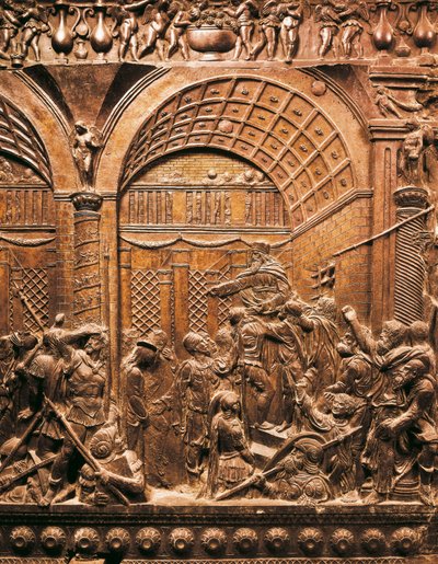 Sztuka renesansu (Quattrocento): Chrystus prowadzi przed Kajfaszem. 1460. Płaskorzeźba na brązie) autorstwa Donatello