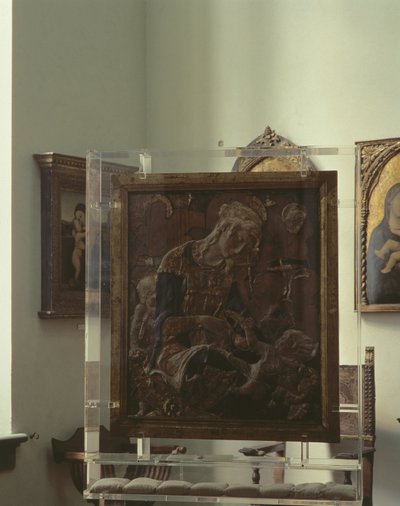 Madonna z Dzieciątkiem (tynk polichromowany, drewno, skóra, szkło) autorstwa Donatello