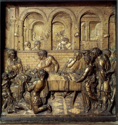 Bankiet Heroda Antypasa II (21 pne-39 ne). Fragment dolnego reliefu chrzcielnicy wykonane przez Donato di Niccolo di Betto Bardi dit Donatello (1386-1466) autorstwa Donatello