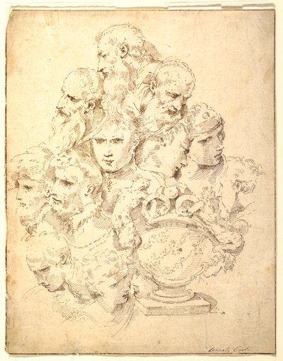 Rysunek, fantazja złożona z głów i rzeźbionej urny, ok. 1730 r. autorstwa Donato Creti