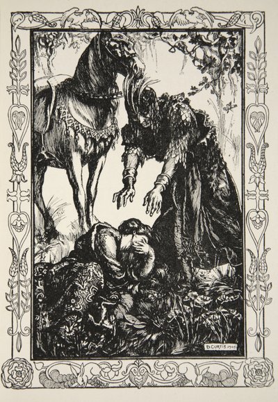 Palamides pojawił się przed nią, ilustracja z "Opowieści o królu Arturze i Okrągłym Stole" Beatrice Clay autorstwa Dora Curtis