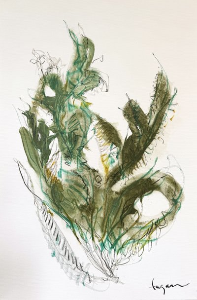 Abstrakcyjna zielona kompozycja botaniczna autorstwa Dorothy Fagan