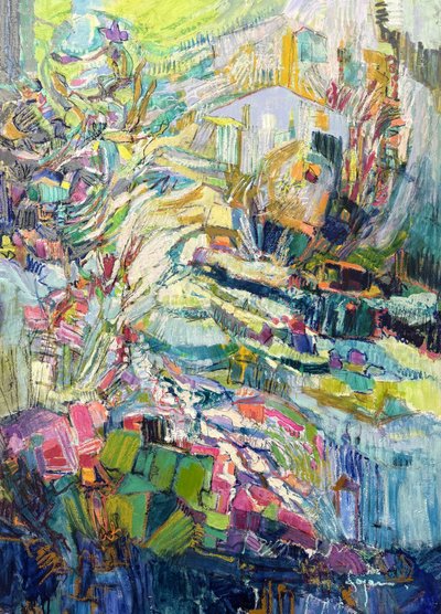 Kolorowa, abstrakcyjna wioska autorstwa Dorothy Fagan