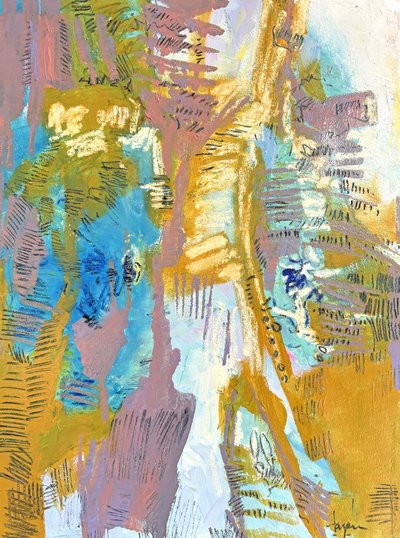 Dynamiczna, kolorowa abstrakcja autorstwa Dorothy Fagan