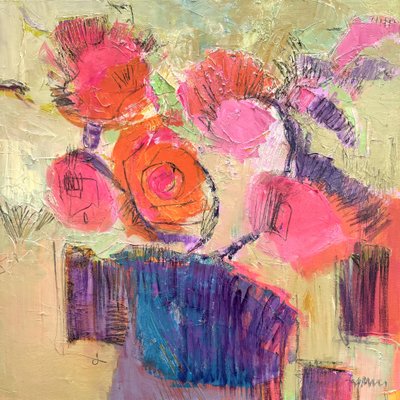 Żywe, abstrakcyjne kwiaty autorstwa Dorothy Fagan