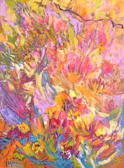 Żywe, abstrakcyjne kwiaty autorstwa Dorothy Fagan