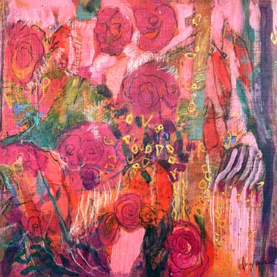 Żywe, abstrakcyjne róże autorstwa Dorothy Fagan