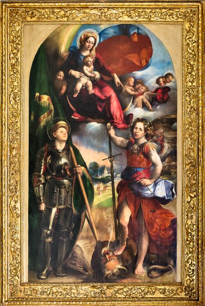 Madonna z Dzieciątkiem Jezus i św. Jerzym i św. Michałem Archaniołem, ok.1518 (olej na desce) autorstwa Dosso Dossi