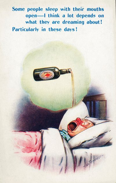 Alkoholizm: mężczyzna śpi z otwartymi ustami marząc o piwie (kolorowa litografia) autorstwa Douglas Tempest