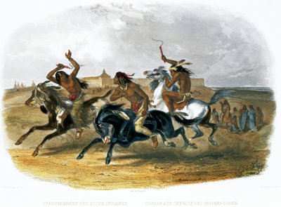 „Wyścigi konne Indian Siuksów w pobliżu Fort Pierre”, 1843 r. autorstwa Du Casse and Doherty