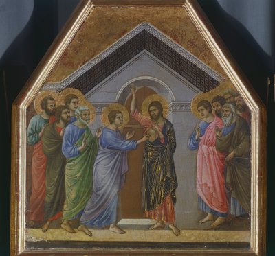 Altarpeice: Niedowierzanie św. Tomasza, fragment piania z odwrotnej powierzchni Maesty w katedrze w Sienie autorstwa Duccio di Buoninsegna