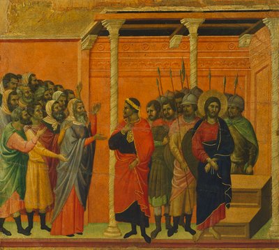 Ołtarz: Chrystus oskarżony przez faryzeuszy, fragment kafelka z Opowieści o Męce i Zmartwychwstaniu Chrystusa, odwrócona powierzchnia Maesty w katedrze w Sienie autorstwa Duccio di Buoninsegna