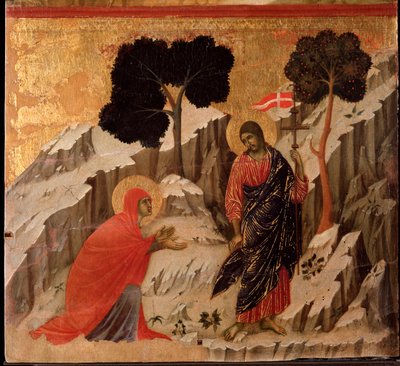 Ukazanie się Jezusa Marii Magdalenie po zmartwychwstaniu. Ołtarz Maesta (tempera i złoto na drewnie) autorstwa Duccio di Buoninsegna