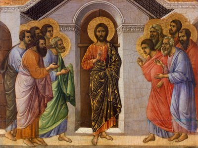 Христ Хаалттай хаалганы цаанаас элч нарт үзэгдэв, Христийн хүсэл тэмүүлэл ба амилалтын ангиллын хэсэг, Сиенаполигийн сүм дэх Дуччио Алтарпартийн Маестагийн хэсэг autorstwa Duccio di Buoninsegna