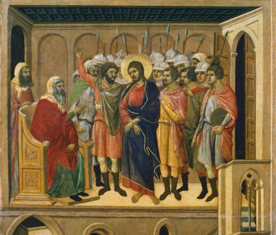 Chrystus przed Najwyższym Kapłanem, fragment kafelka z Epizody z Męki i Zmartwychwstania Chrystusa, odwrócona powierzchnia Maesty Ołtarza Duccio w katedrze w Sienie autorstwa Duccio di Buoninsegna