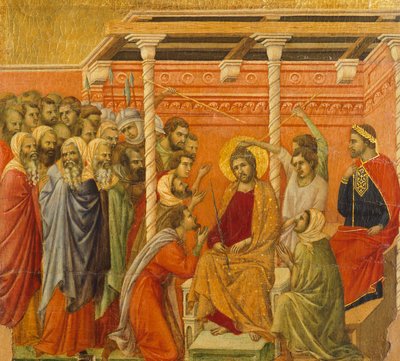 Zwieńczenie cierniem, fragment kafelka z Epizody męki i zmartwychwstania Chrystusa, odwrócona powierzchnia ołtarza Maesty Duccio w katedrze w Sienie autorstwa Duccio di Buoninsegna