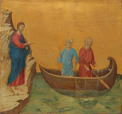Cudowna wyprawa na ryby i wezwanie apostołów Piotra i Andrzeja. 1308-11 autorstwa Duccio di Buoninsegna