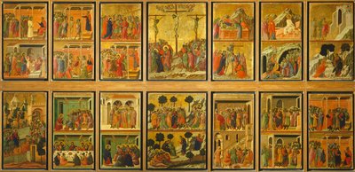Epizody z Męki i Zmartwychwstania Chrystusa, odwrócona powierzchnia Maesty Ołtarza Duccio w katedrze w Sienie autorstwa Duccio di Buoninsegna