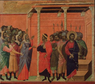 Jezus oskarżony przez faryzeuszy. Ołtarz Maesta (tempera i złoto na drewnie) autorstwa Duccio di Buoninsegna