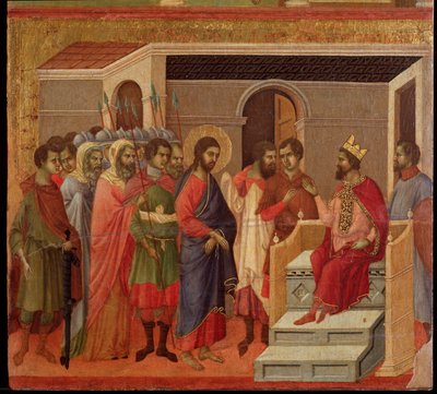 Jezus przed Herodem. Ołtarz Maesta (tempera i złoto na drewnie) autorstwa Duccio di Buoninsegna