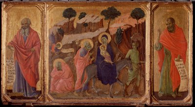 Życie Chrystusa: Ucieczka do Egiptu z prorokami Jeremiaszem i Ozeaszem. Predella Maesty (tempera na drewnie) autorstwa Duccio di Buoninsegna