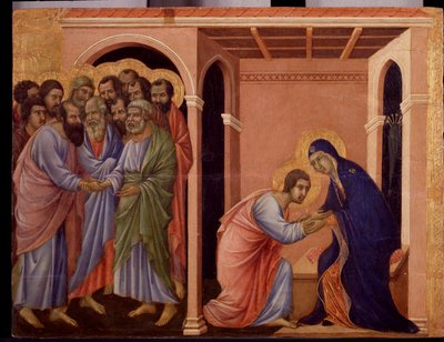 Maryja żegna się z Janem, na zewnątrz podają sobie ręce apostołowie Piotr i Paweł. Detal Maesty (tempera i złoto na drewnie) autorstwa Duccio di Buoninsegna