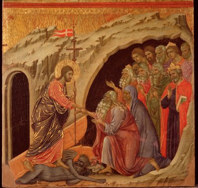 Pasja: zejście do otchłani. Ołtarz Maesta (tempera i złoto na drewnie) autorstwa Duccio di Buoninsegna