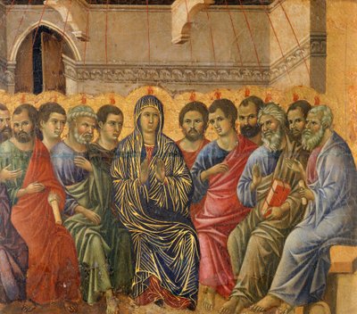 Pięćdziesiątnica, fragment Epizody z Męki i Zmartwychwstania Chrystusa, odwrócona powierzchnia Maesty Ołtarza Duccio w katedrze w Sienie autorstwa Duccio di Buoninsegna