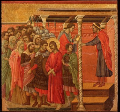 Poncjusz Piłat myje ręce. Ołtarz Maesta (tempera i złoto na drewnie) autorstwa Duccio di Buoninsegna