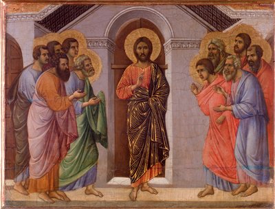Zmartwychwstały Jezus ukazuje się apostołom. Ołtarz Maesta (tempera i złoto na drewnie) autorstwa Duccio di Buoninsegna