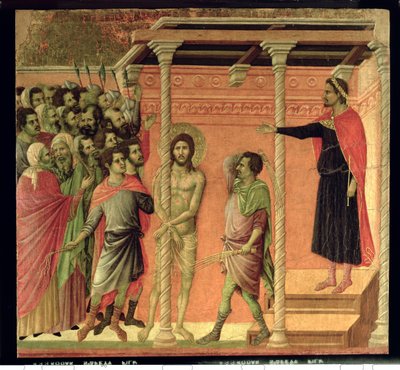 Biczowanie, z ołtarza Maesta, ok. 1308-11 (tempera na panelu0 autorstwa Duccio di Buoninsegna