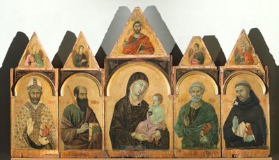 Matka Boska z Dzieciątkiem i święci Augustyn, Paweł, Piotr i Domenico (lub Poliptyk nr 28), ok. 1305, Duccio di Buoninsegna (ok. 1255 - pre-1319), tempera i złoto na drewnie autorstwa Duccio di Buoninsegna
